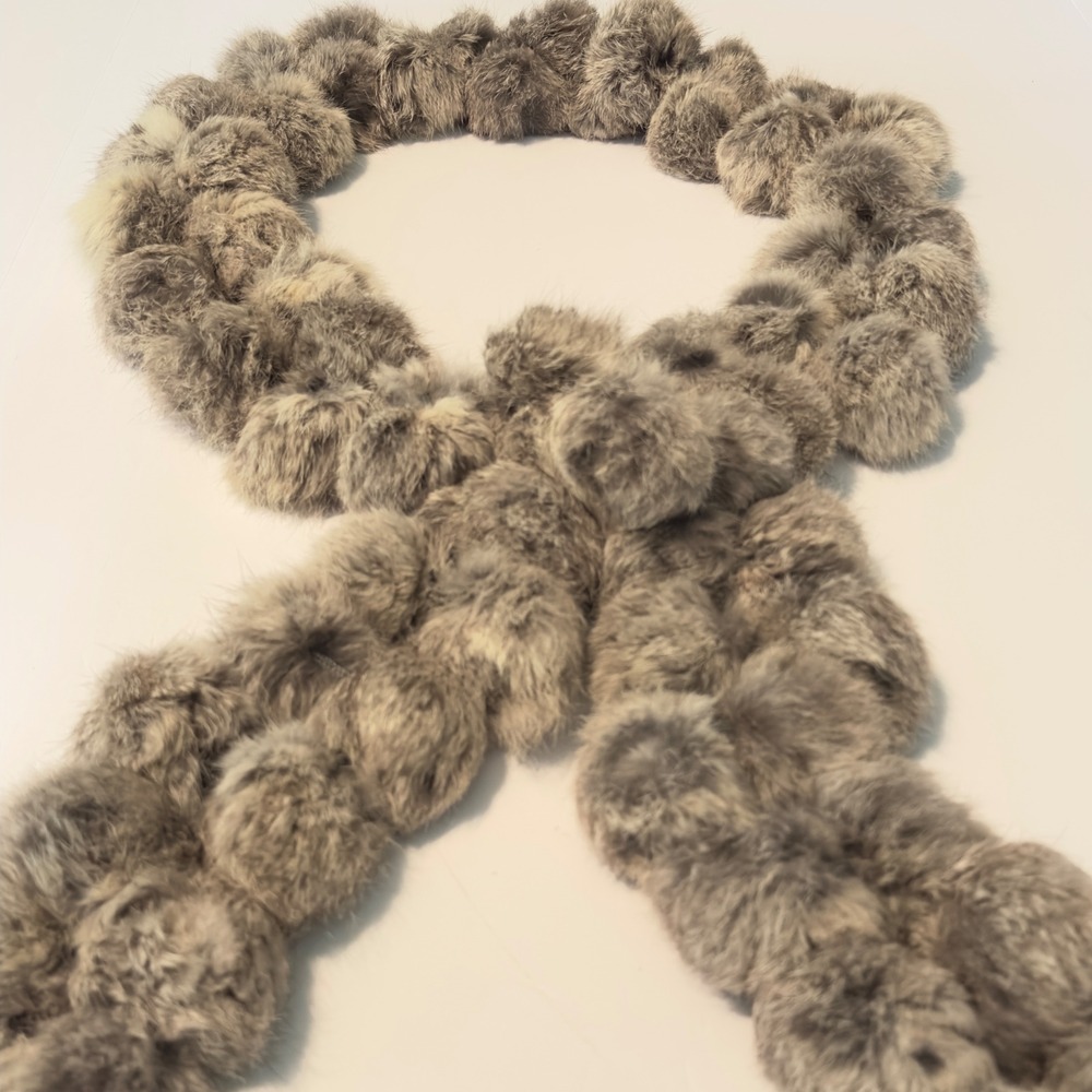 Cejon Genuine Rabbit Fur Pom Pom Scarf Grey Salt and Pepper 72" Luxury Chic EUC